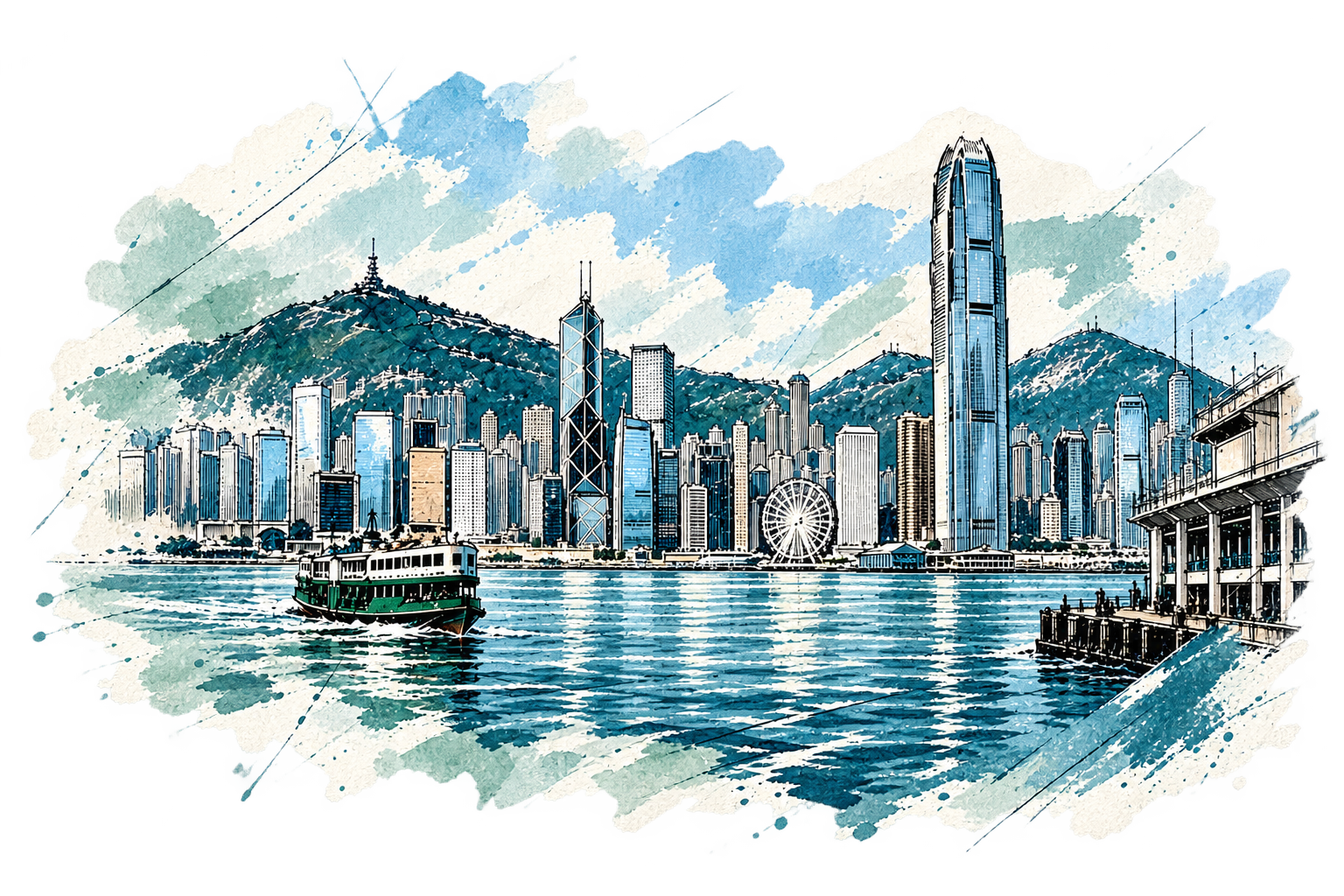 水墨水彩风格的香港天际线与维多利亚港渡轮（原站插画）